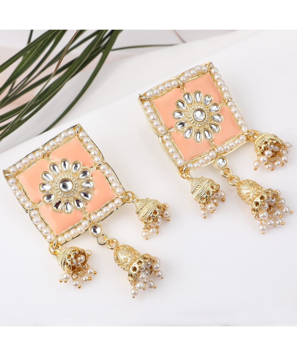 Women's Square Shaped Enameled Kundan and Pearl Studded Statement Jhumka Earring