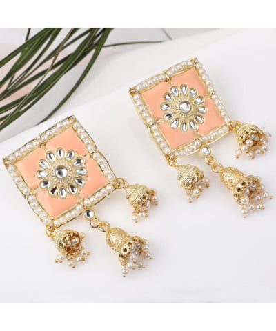 Women's Square Shaped Enameled Kundan and Pearl Studded Statement Jhumka Earring