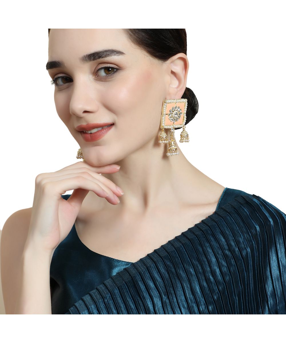 Women's Square Shaped Enameled Kundan and Pearl Studded Statement Jhumka Earring