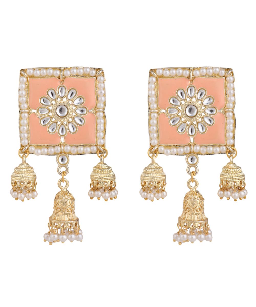 Women's Square Shaped Enameled Kundan and Pearl Studded Statement Jhumka Earring