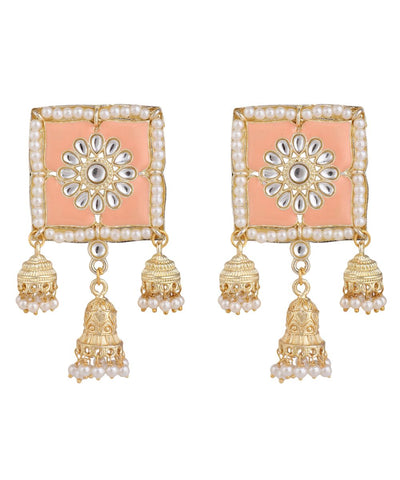 Women's Square Shaped Enameled Kundan and Pearl Studded Statement Jhumka Earring