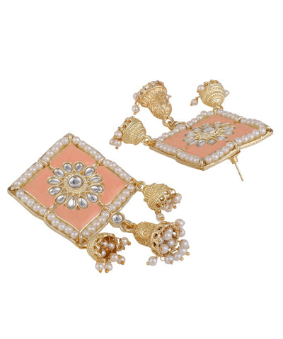 Women's Square Shaped Enameled Kundan and Pearl Studded Statement Jhumka Earring