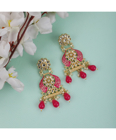 Women's Traditional Red colored Enameled Kundan and Pearl Studded Earring