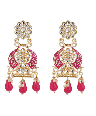 Women's Traditional Red colored Enameled Kundan and Pearl Studded Earring