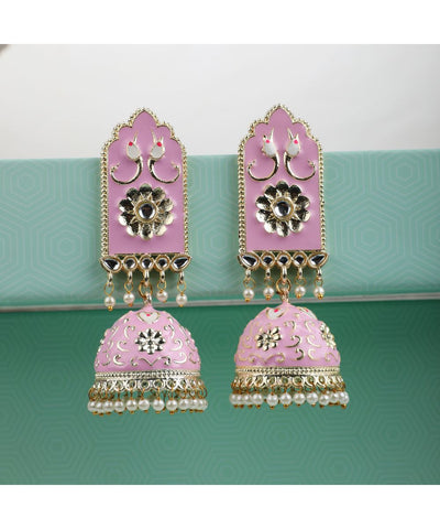Women's Pink Enameled Statement Ethnic Jhumka Earring