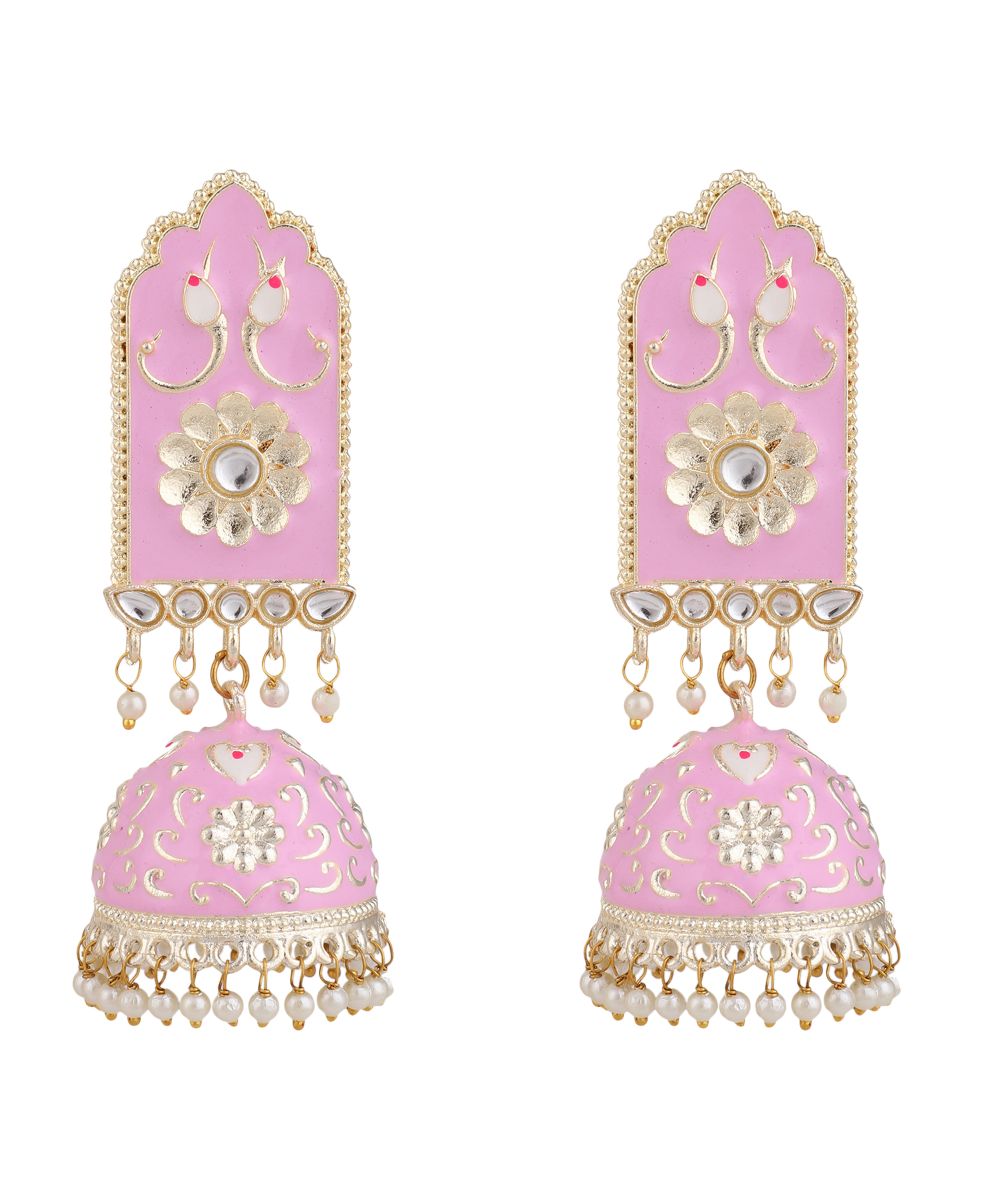 Women's Pink Enameled Statement Ethnic Jhumka Earring