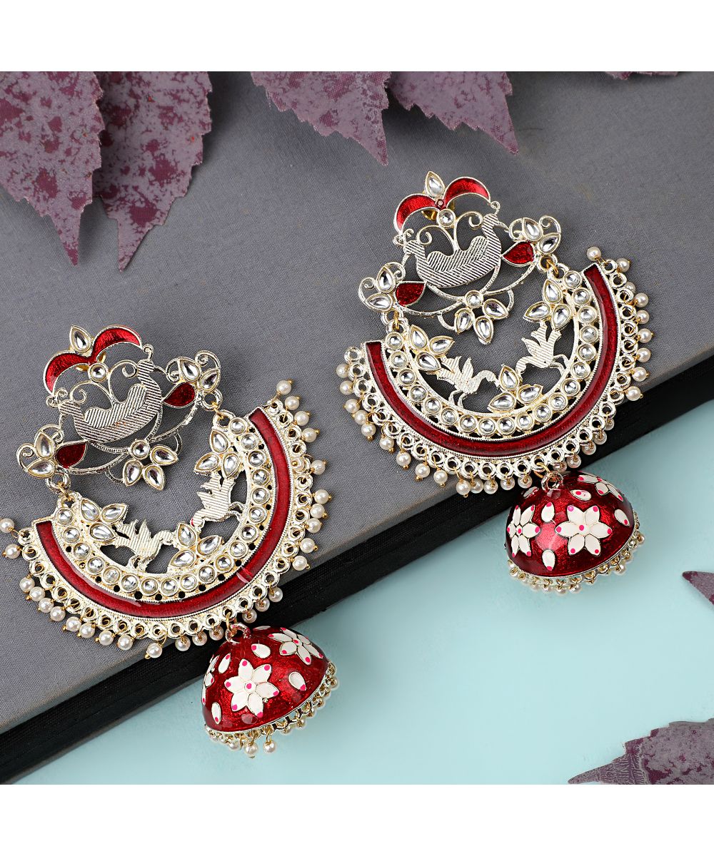 Women's Ethnic Maroon colored Enameled Stone Studded Style Statement Chandbali Jhumka Earring