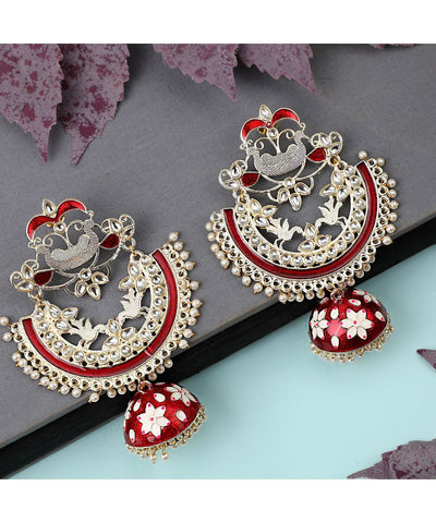 Women's Ethnic Maroon colored Enameled Stone Studded Style Statement Chandbali Jhumka Earring