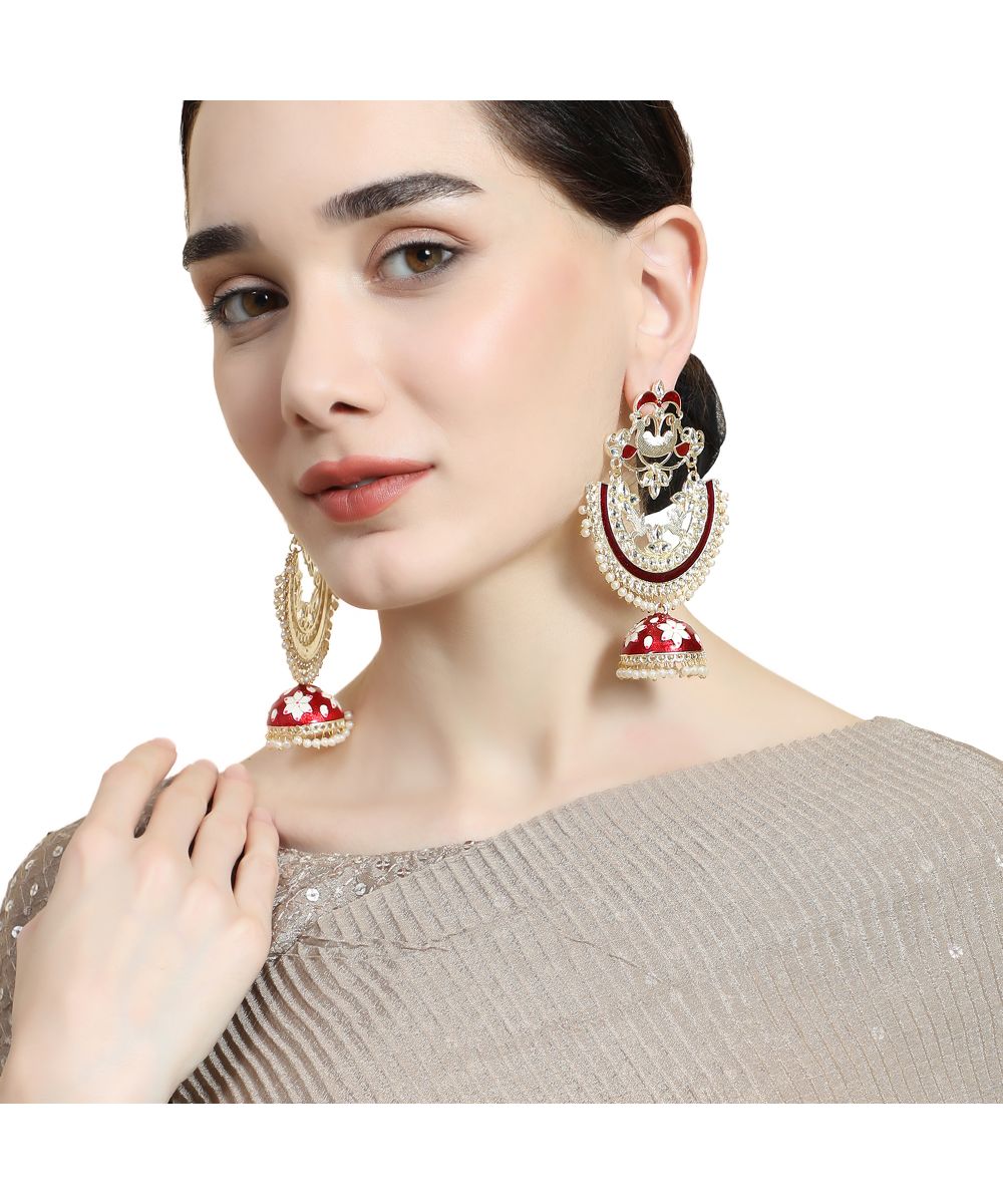 Women's Ethnic Maroon colored Enameled Stone Studded Style Statement Chandbali Jhumka Earring