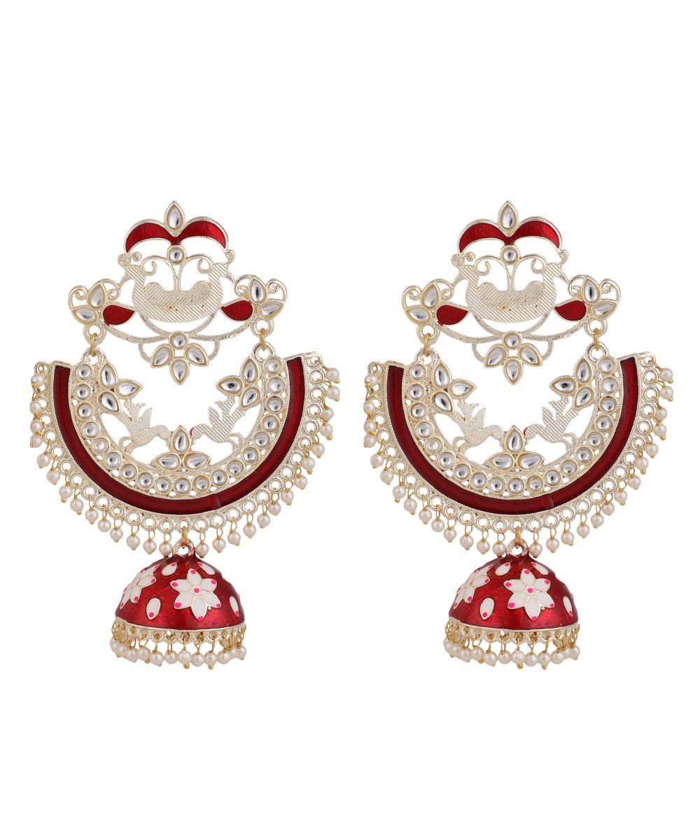 Women's Ethnic Maroon colored Enameled Stone Studded Style Statement Chandbali Jhumka Earring