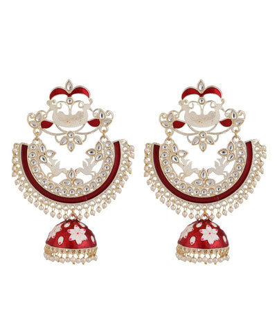 Women's Ethnic Maroon colored Enameled Stone Studded Style Statement Chandbali Jhumka Earring
