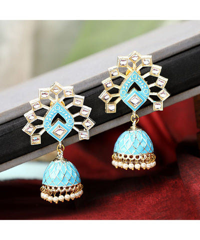 Women's Enameled Kundan Studded Blue Colored Jhumka Earring