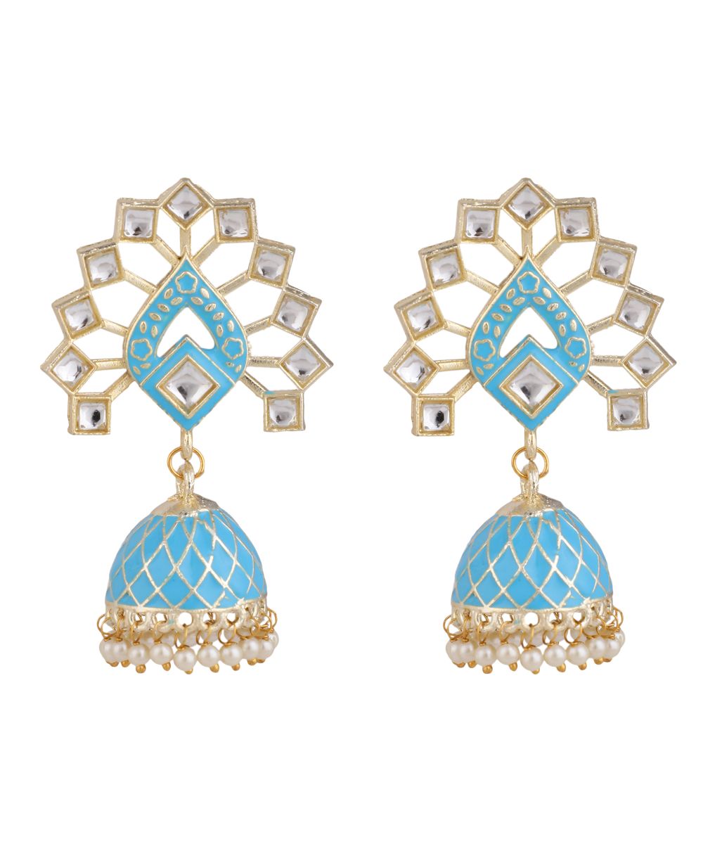 Women's Enameled Kundan Studded Blue Colored Jhumka Earring