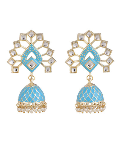 Women's Enameled Kundan Studded Blue Colored Jhumka Earring