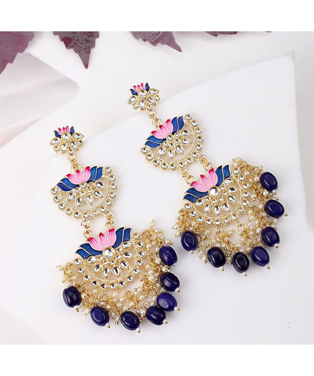 Women's Ethnic Lotus Enameled Statement Chandbali Dangle Drop Earring
