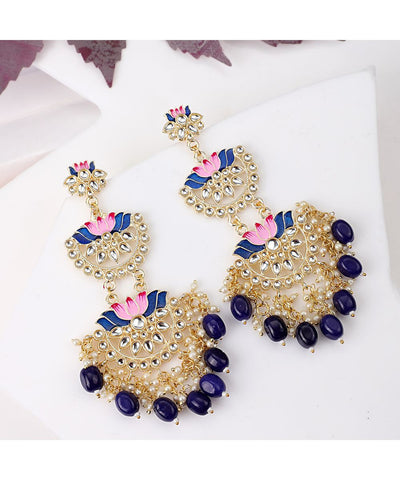 Women's Ethnic Lotus Enameled Statement Chandbali Dangle Drop Earring