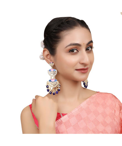 Women's Ethnic Lotus Enameled Statement Chandbali Dangle Drop Earring