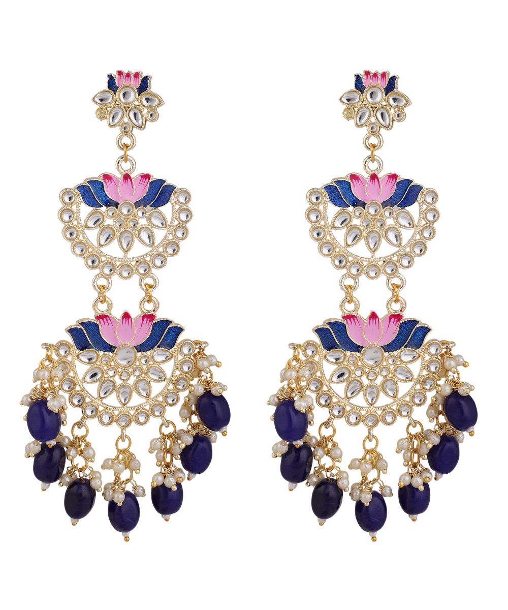 Women's Ethnic Lotus Enameled Statement Chandbali Dangle Drop Earring