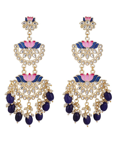 Women's Ethnic Lotus Enameled Statement Chandbali Dangle Drop Earring