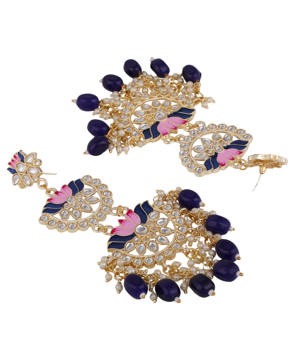 Women's Ethnic Lotus Enameled Statement Chandbali Dangle Drop Earring