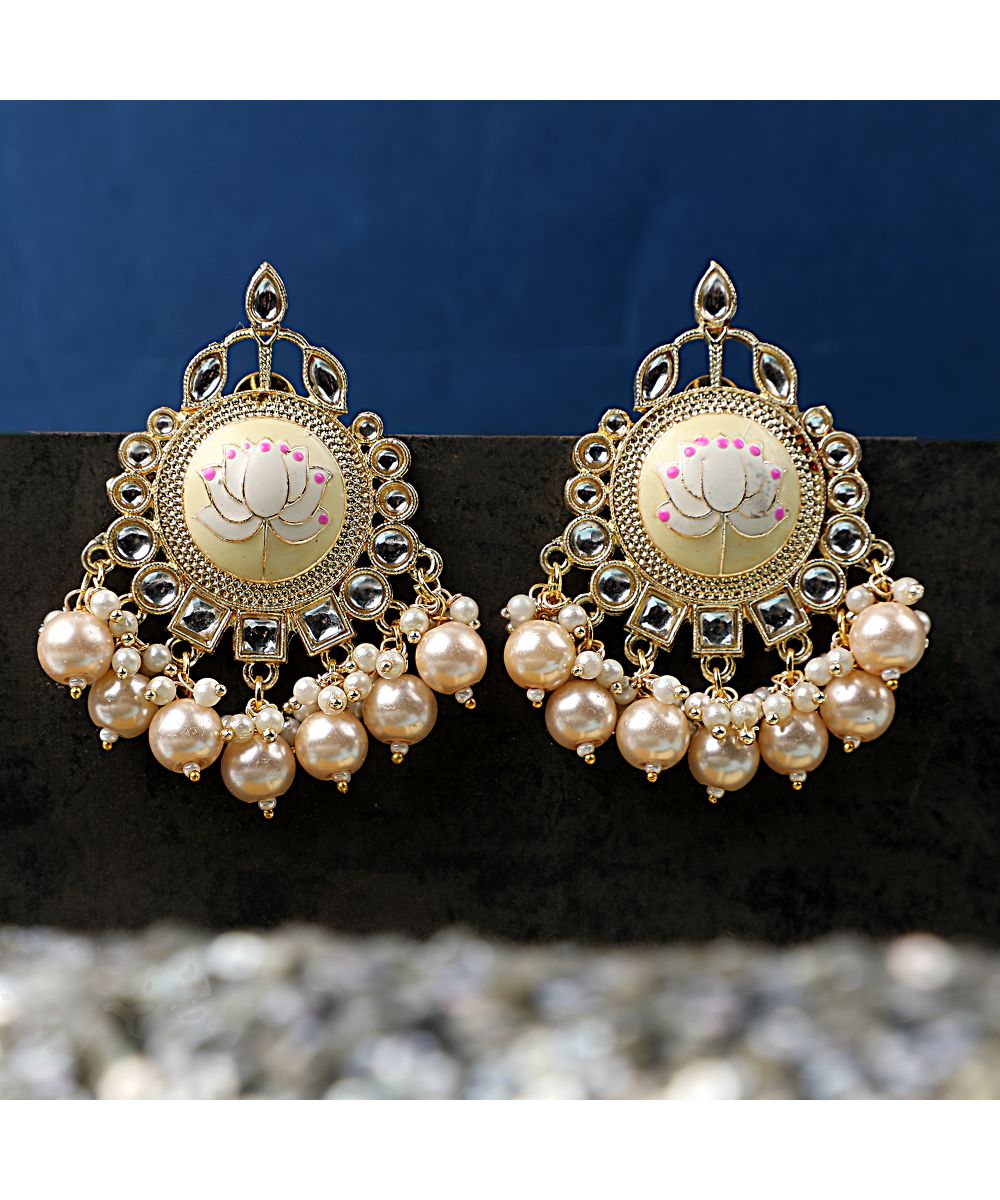 Women's Ethnic Kundan and Pearl Studded Enameled Stud Earrings