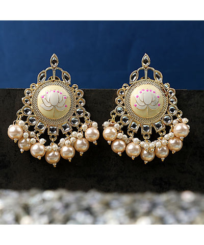 Women's Ethnic Kundan and Pearl Studded Enameled Stud Earrings