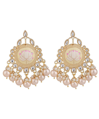 Women's Ethnic Kundan and Pearl Studded Enameled Stud Earrings