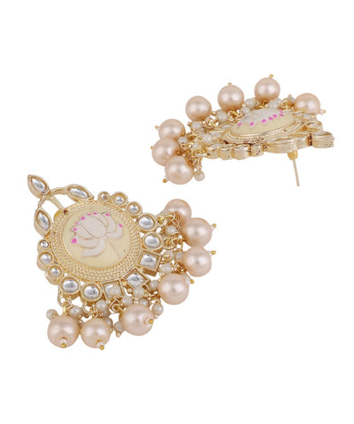 Women's Ethnic Kundan and Pearl Studded Enameled Stud Earrings