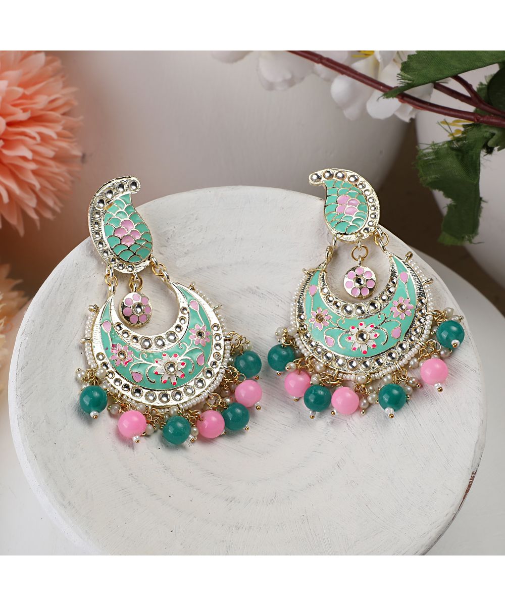 Women's Traditional Paisely Design Enameled Stone and Pearl Studded Chandbali Earring