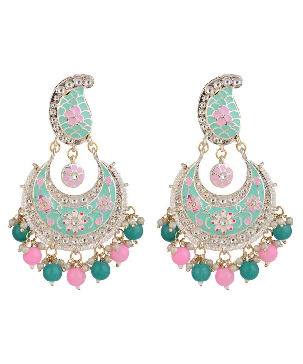 Women's Traditional Paisely Design Enameled Stone and Pearl Studded Chandbali Earring