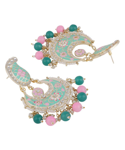 Women's Traditional Paisely Design Enameled Stone and Pearl Studded Chandbali Earring