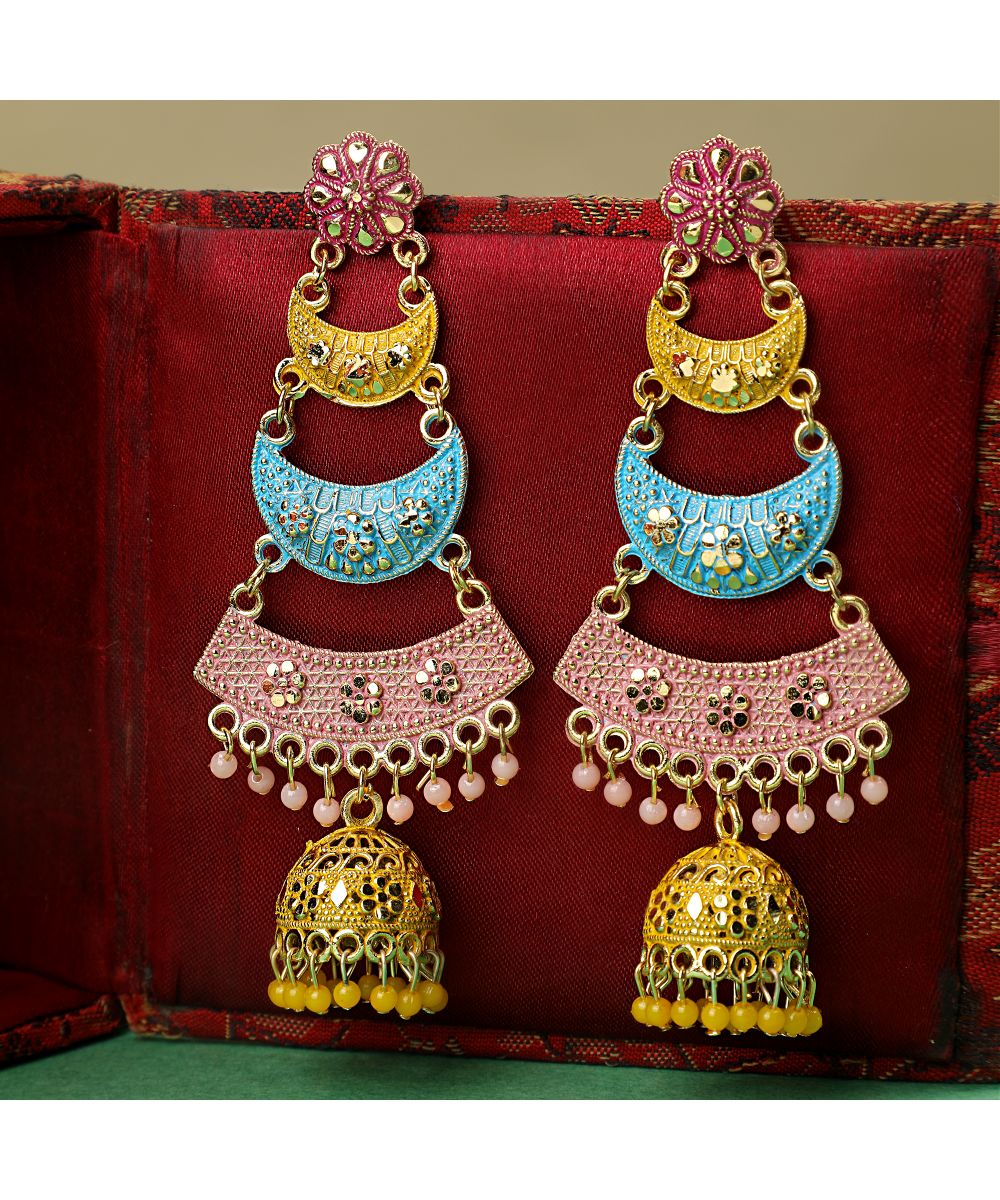Women's Traditional Enameled Multicolor Dangle Drop Jhumka Earring