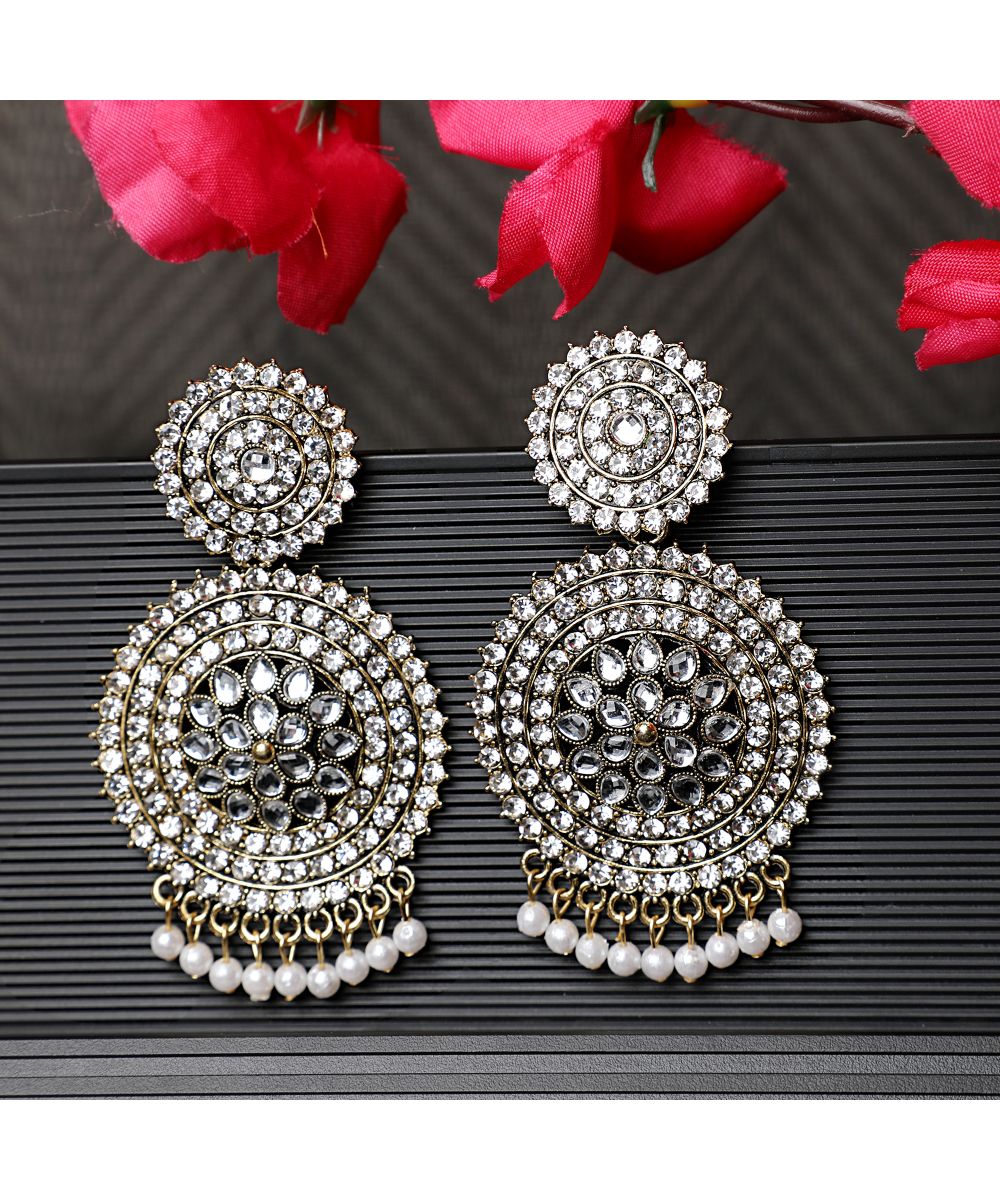 Women's Oxidised Stone and Pearl Studded Round Shaped Statement Earring Jewellery