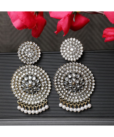 Women's Oxidised Stone and Pearl Studded Round Shaped Statement Earring Jewellery