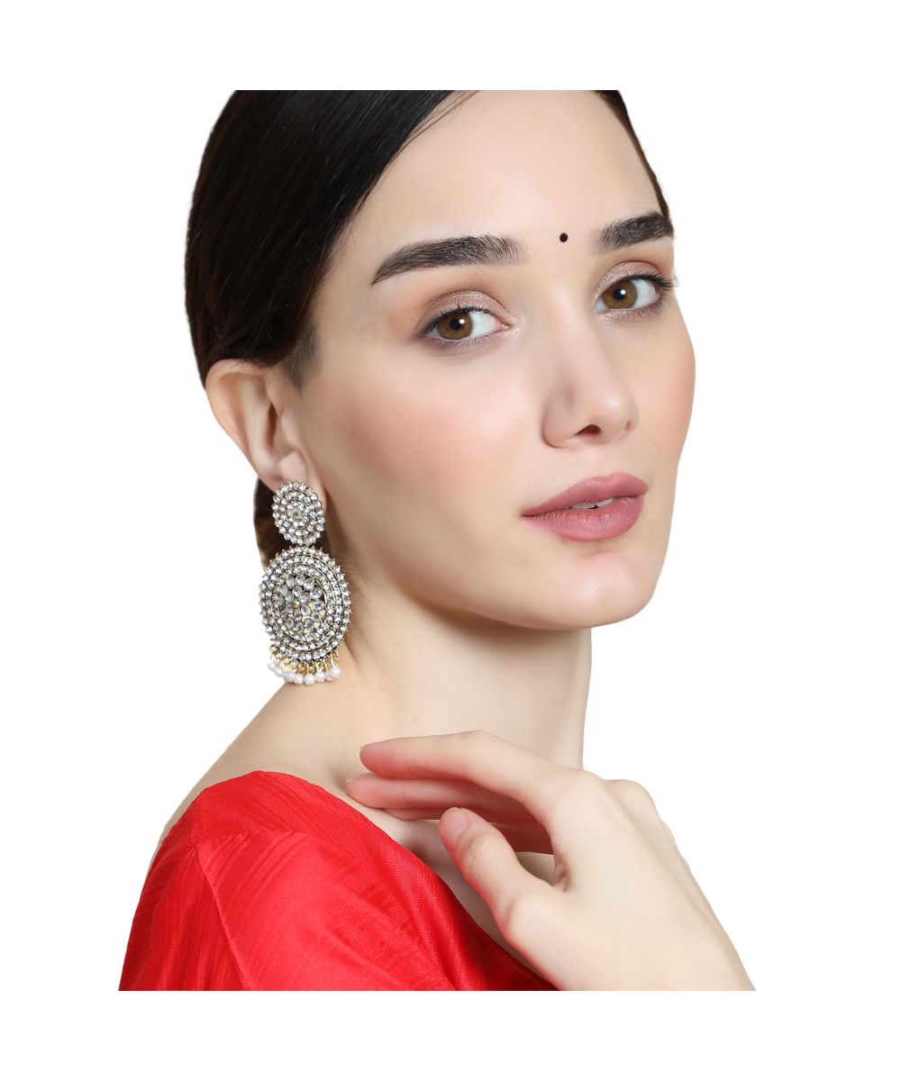 Women's Oxidised Stone and Pearl Studded Round Shaped Statement Earring Jewellery