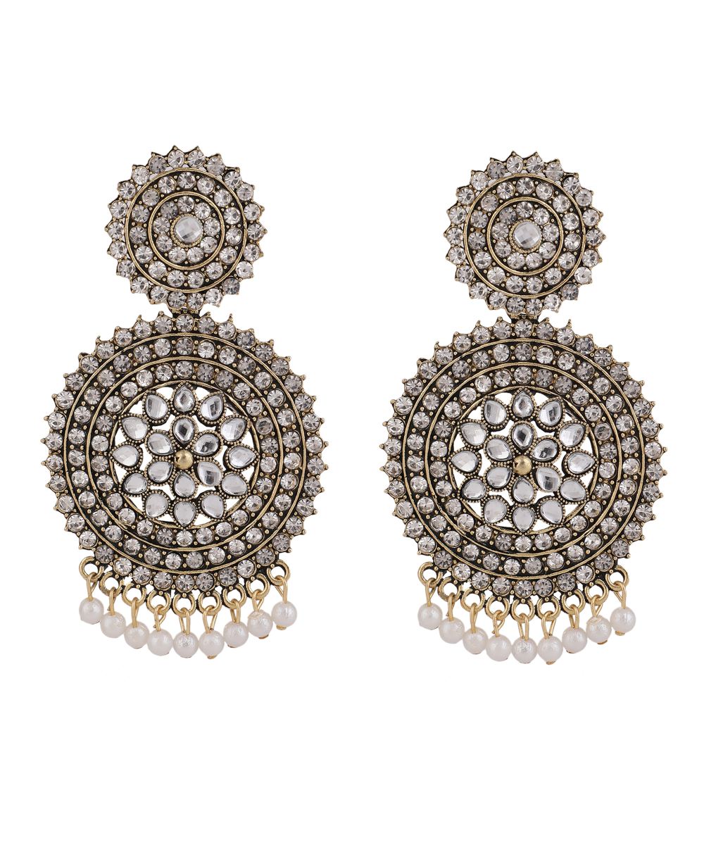 Women's Oxidised Stone and Pearl Studded Round Shaped Statement Earring Jewellery