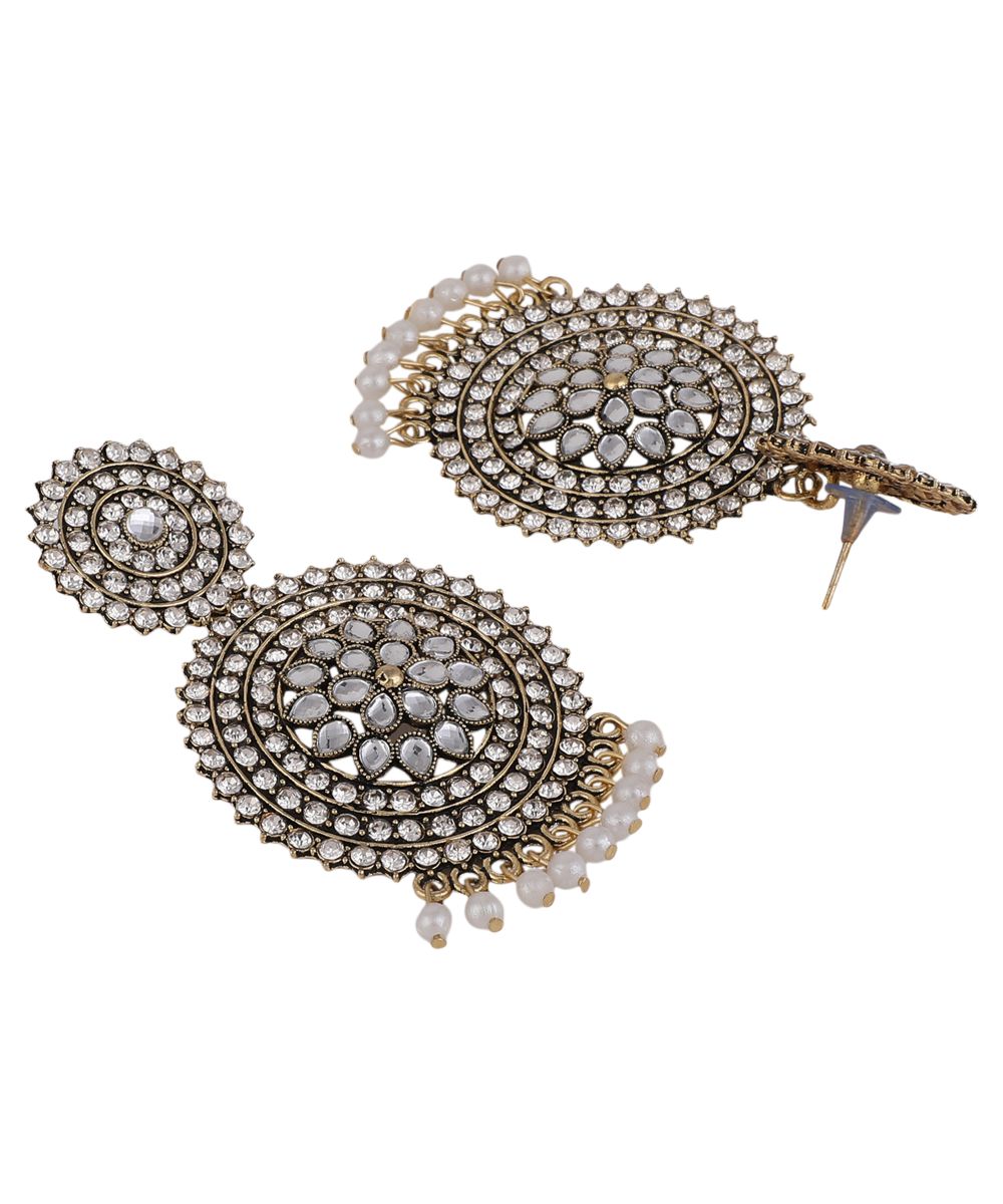 Women's Oxidised Stone and Pearl Studded Round Shaped Statement Earring Jewellery