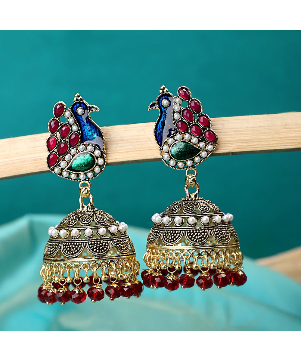 Women's Gold Plated Peacock Shaped Multicolor Jhumka Earring