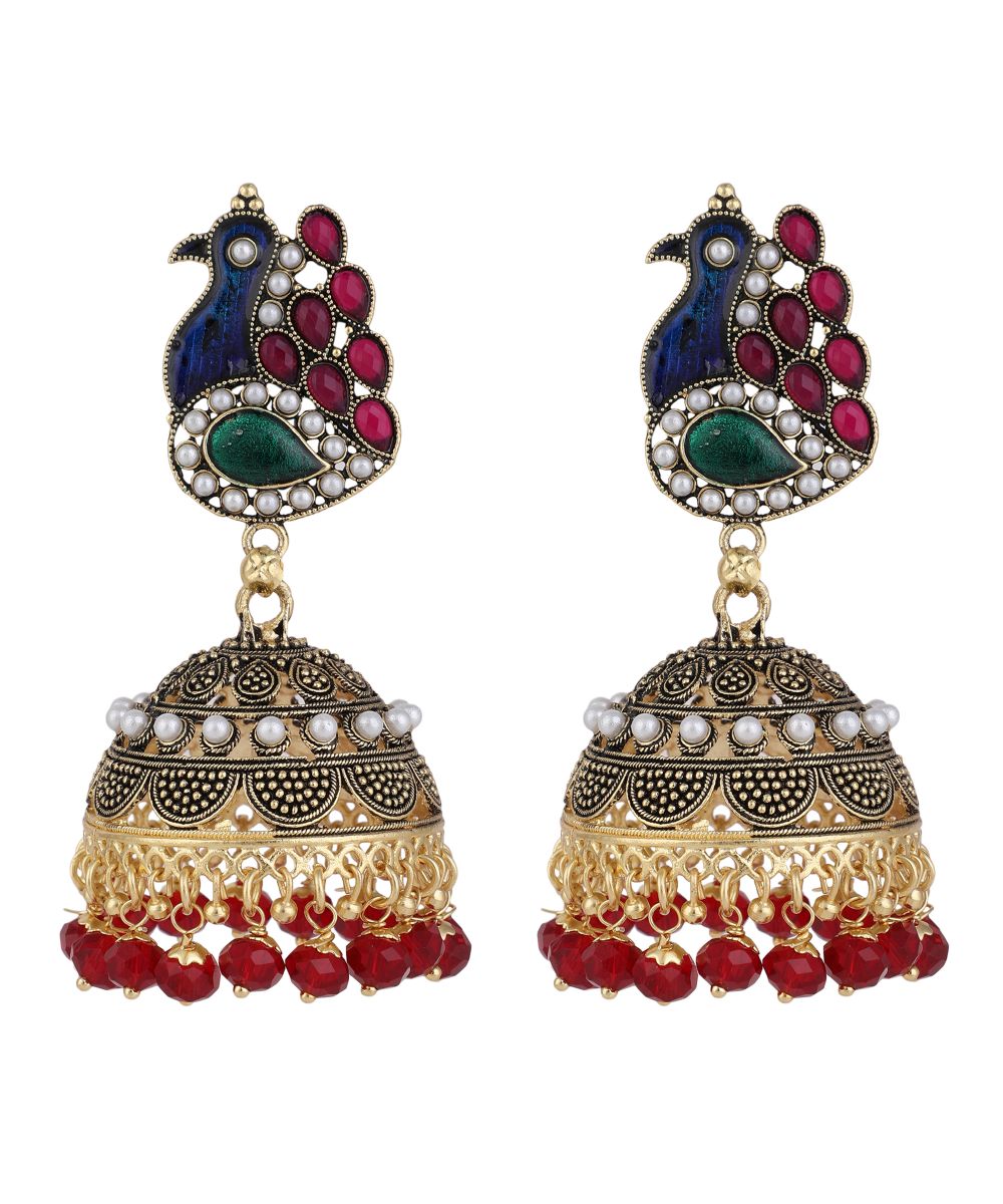 Women's Gold Plated Peacock Shaped Multicolor Jhumka Earring