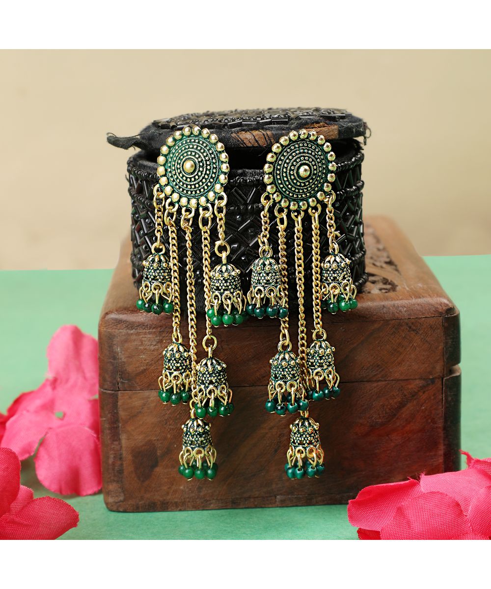 Women's Antique Gold Plated Green Color Dangle and Drop Jhumka Earring