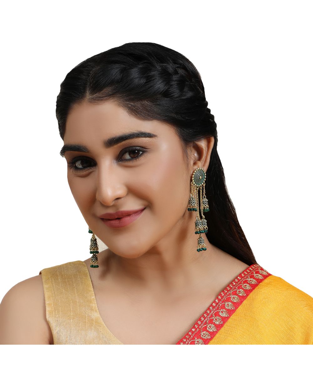 Women's Antique Gold Plated Green Color Dangle and Drop Jhumka Earring