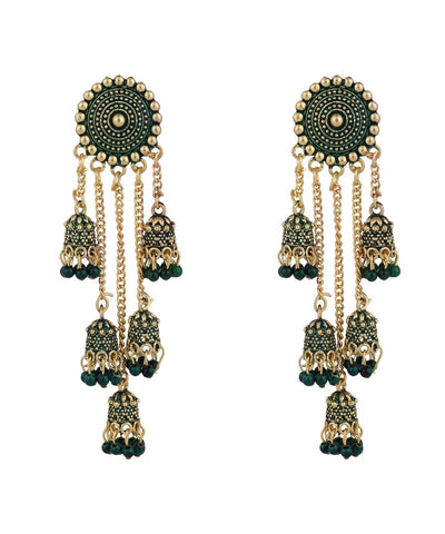 Women's Antique Gold Plated Green Color Dangle and Drop Jhumka Earring