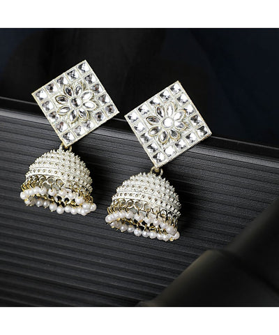Women's Classic White Colored Stone Studded Jhumka Earring