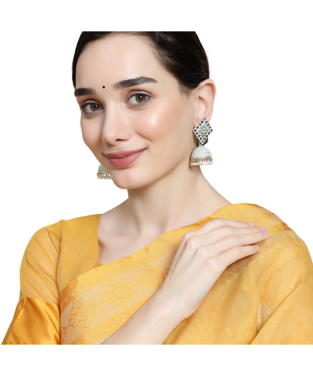 Women's Classic White Colored Stone Studded Jhumka Earring