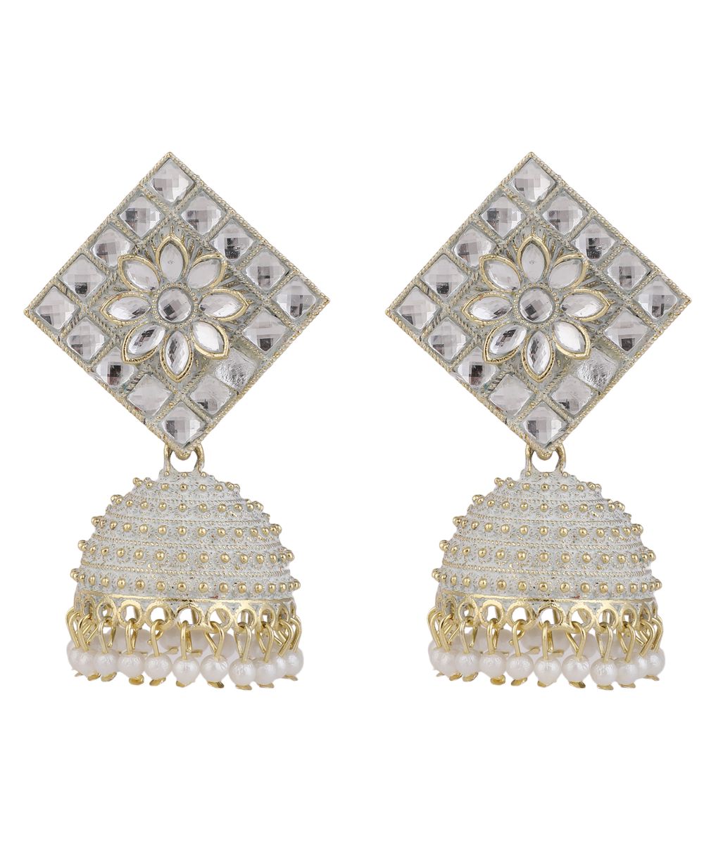 Women's Classic White Colored Stone Studded Jhumka Earring
