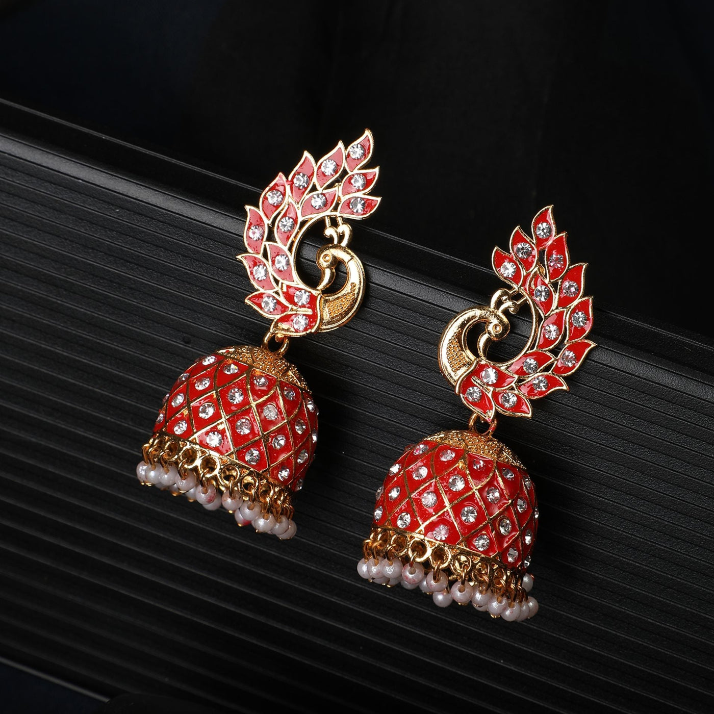 Women's Gold Plated Peacock Shaped Red color Stone Studded Jhumka Earring