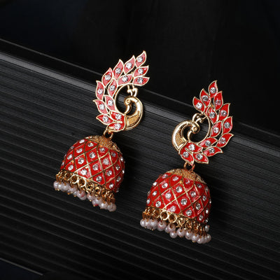Women's Gold Plated Peacock Shaped Red color Stone Studded Jhumka Earring