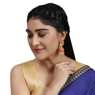 Women's Gold Plated Peacock Shaped Red color Stone Studded Jhumka Earring