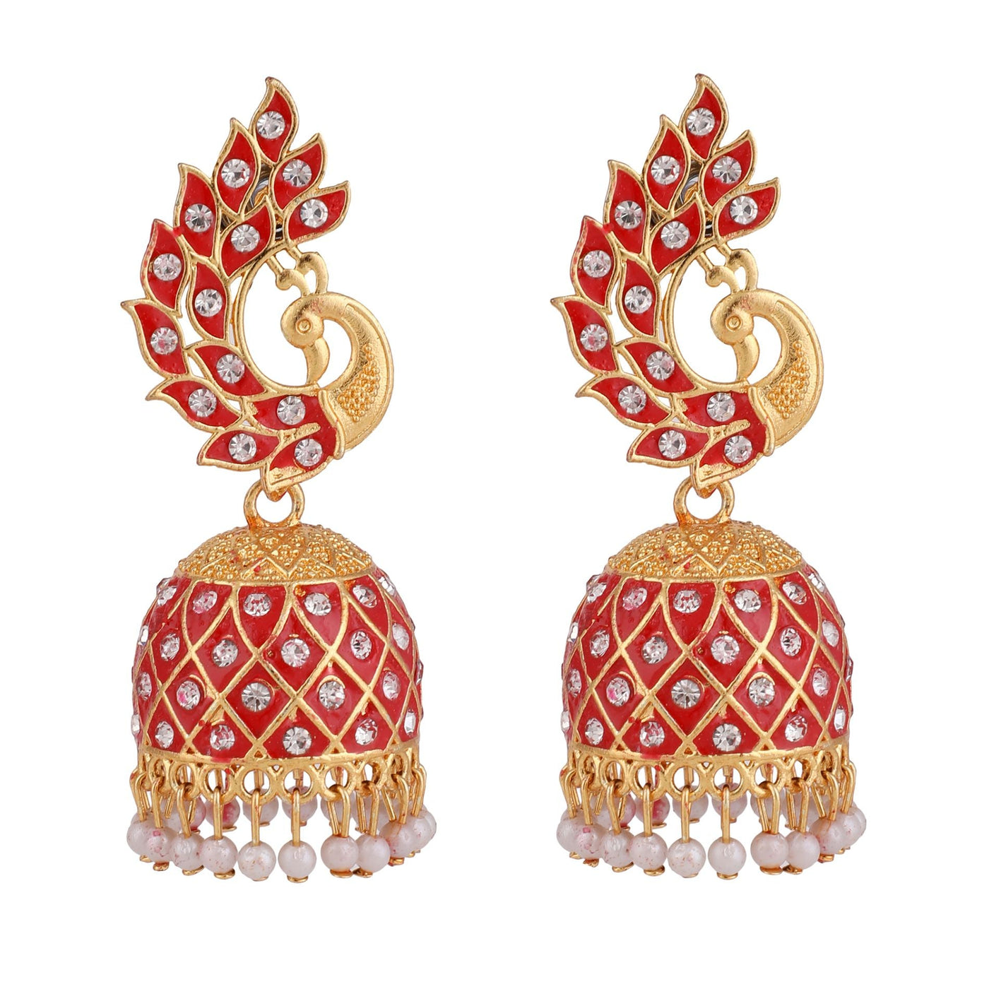 Women's Gold Plated Peacock Shaped Red color Stone Studded Jhumka Earring