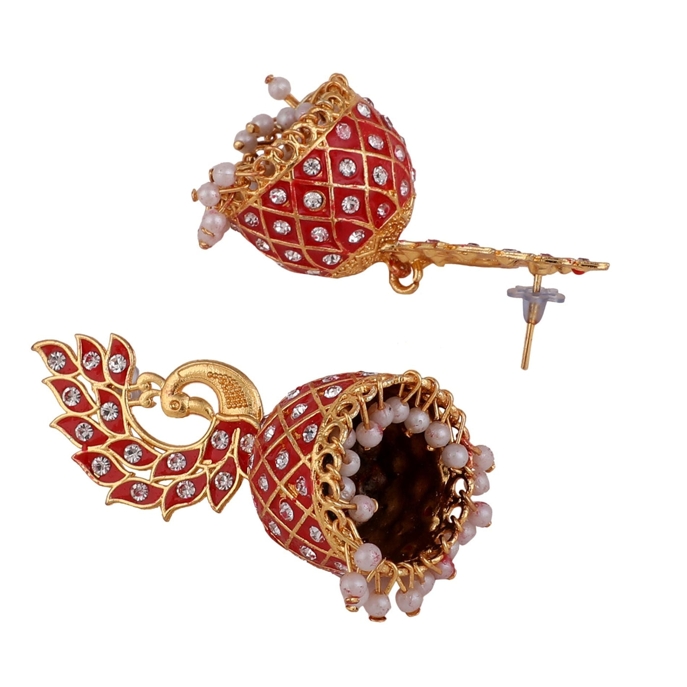 Women's Gold Plated Peacock Shaped Red color Stone Studded Jhumka Earring